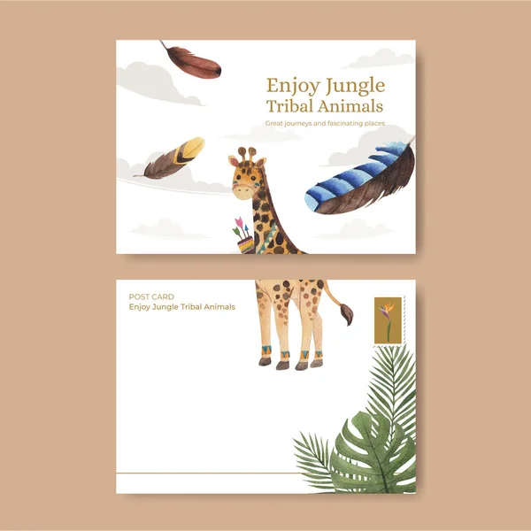 Modelo Cartão Postal Com Conceito Animal Tribal Selva Styl Aquarela — Vetor de Stock