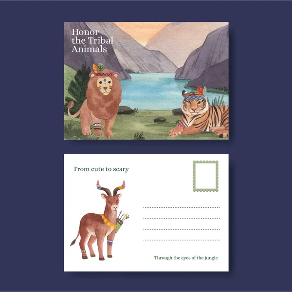 Modelo Cartão Postal Com Conceito Animal Tribal Selva Styl Aquarela —  Vetores de Stock
