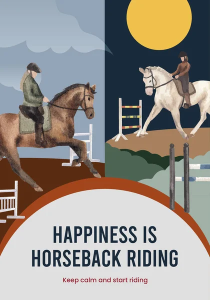 Poster Template Horseback Riding Concept Watercolor Styl — Stock Vector