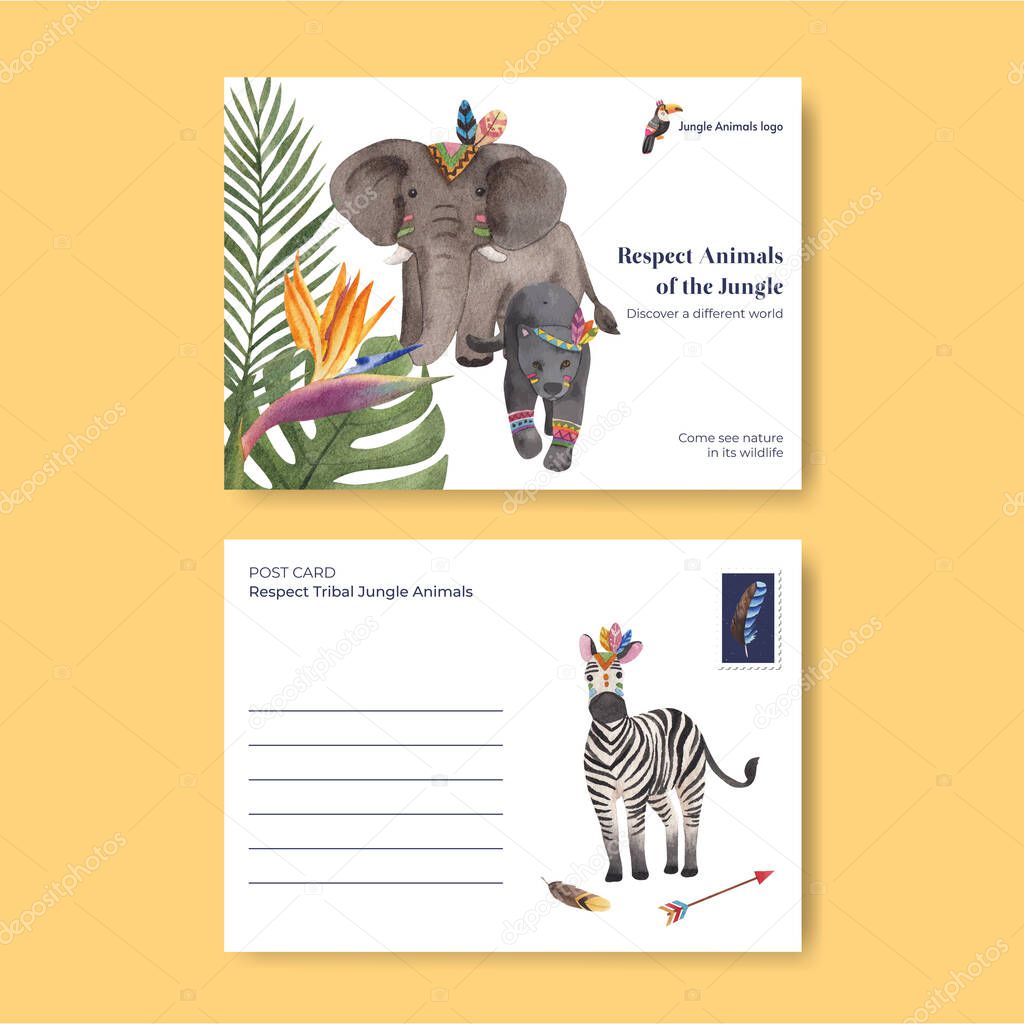 Postcard template with jungle tribal animal concept,watercolor styl
