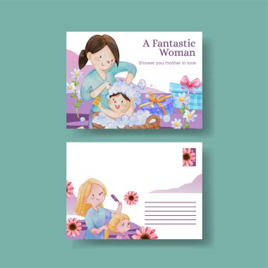 Aşkın süper anne kavramının olduğu bir kartpostal şablonu, suluboya stil.