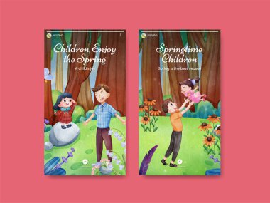 Çocuklarla dolu Instagram şablonu İlkbaharda tadını çıkar, suluboya stil