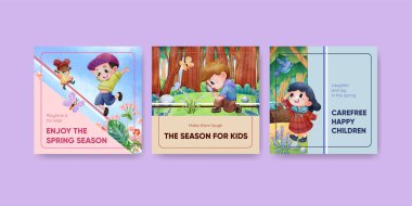 Çocuklarla sancak şablonu İlkbaharda tadını çıkar, suluboya stil