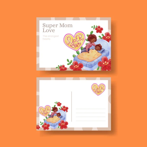 Postcard Template Love Supermom Concept Watercolor Styl — Stock Vector