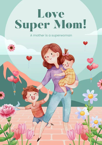 Modèle Affiche Avec Concept Supermom Amour Styl Aquarelle — Image vectorielle