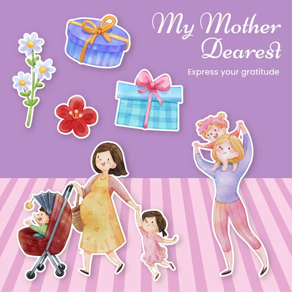 带有爱情超级妈妈概念的贴纸模板 水彩画风格 — 图库矢量图片