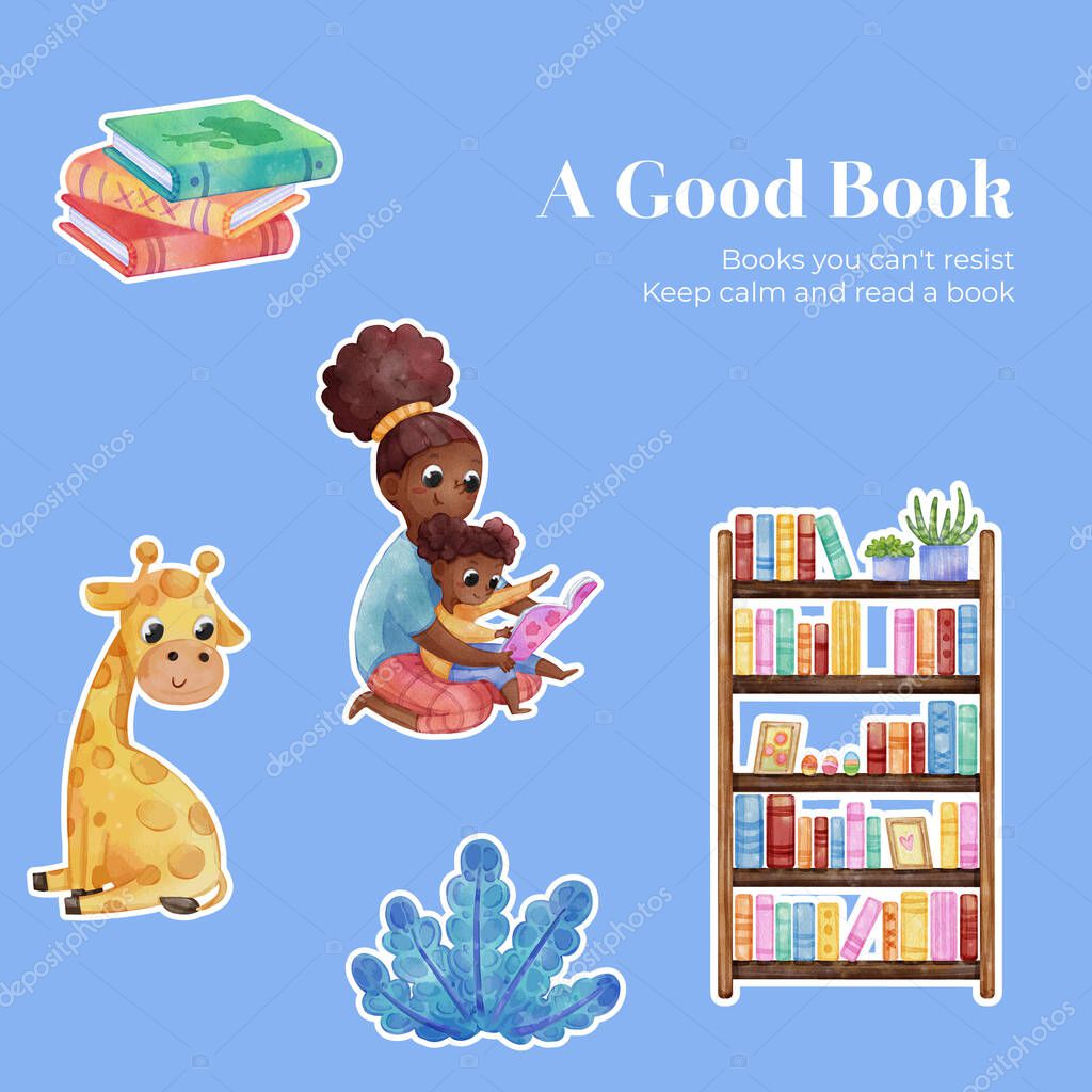 Sticker template with world book day concept,watercolor styl