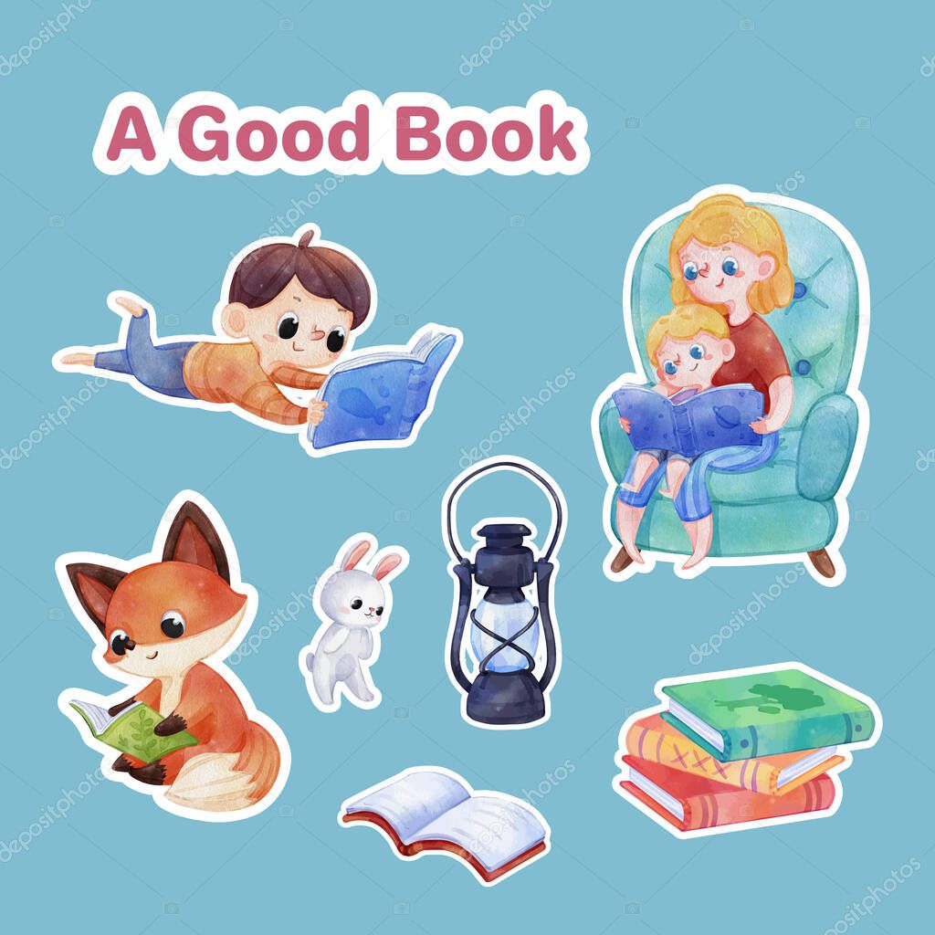 Sticker template with world book day concept,watercolor styl