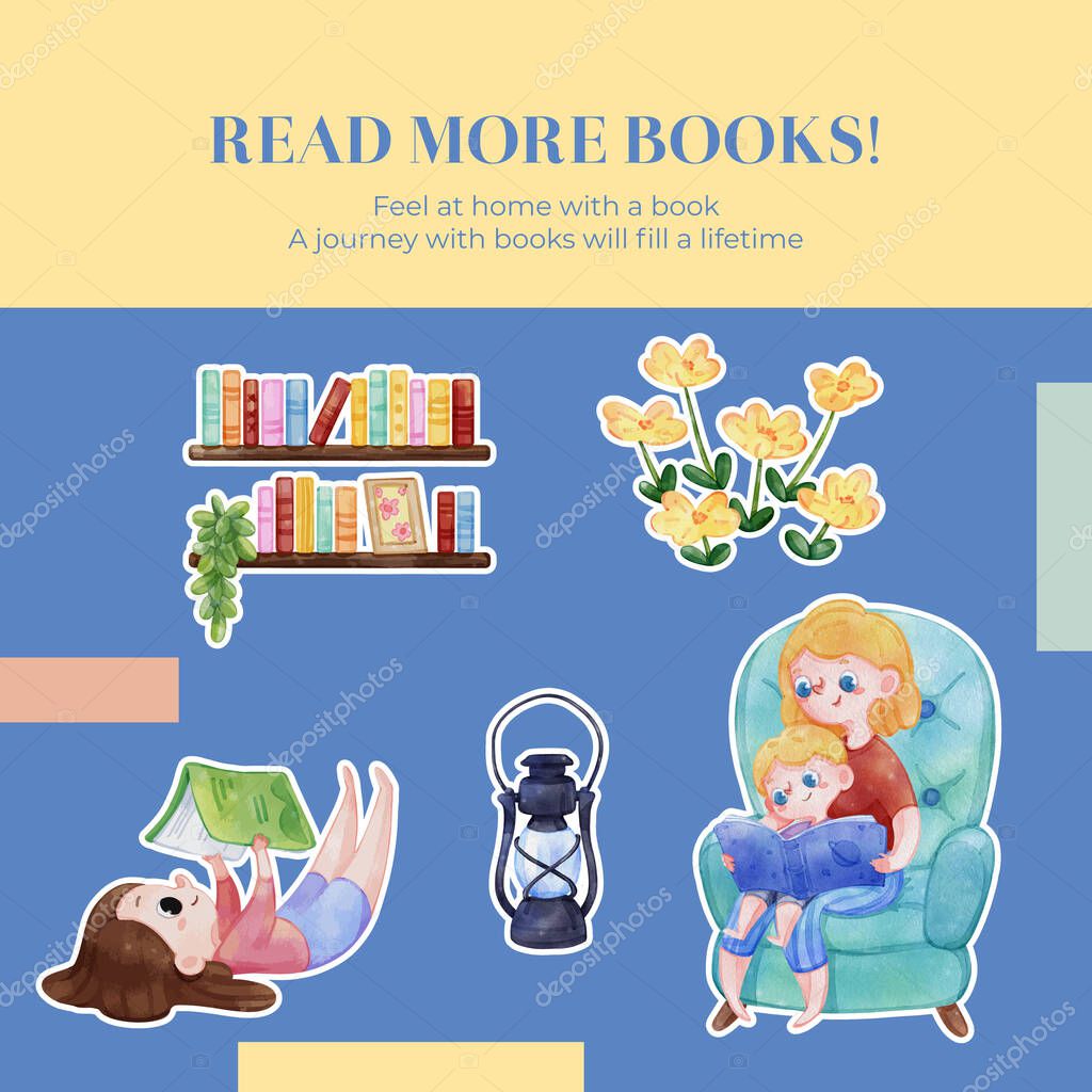Sticker template with world book day concept,watercolor styl