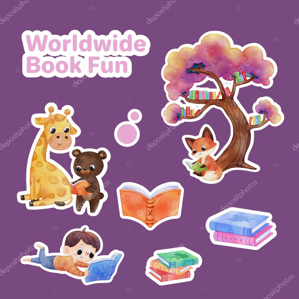 Sticker template with world book day concept,watercolor styl