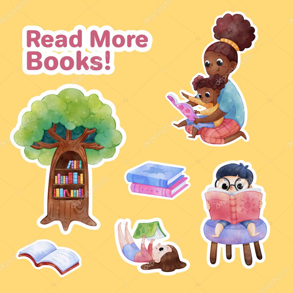 Sticker template with world book day concept,watercolor styl