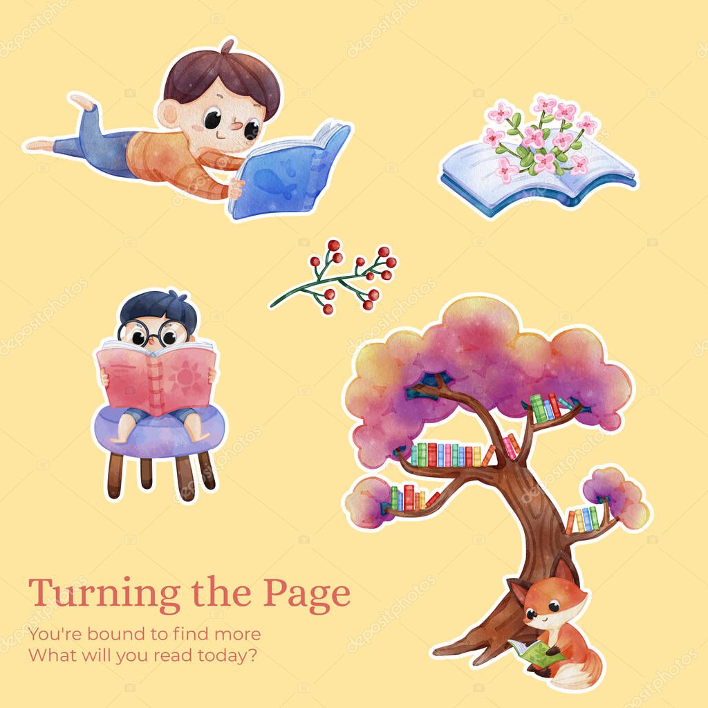 Sticker template with world book day concept,watercolor styl