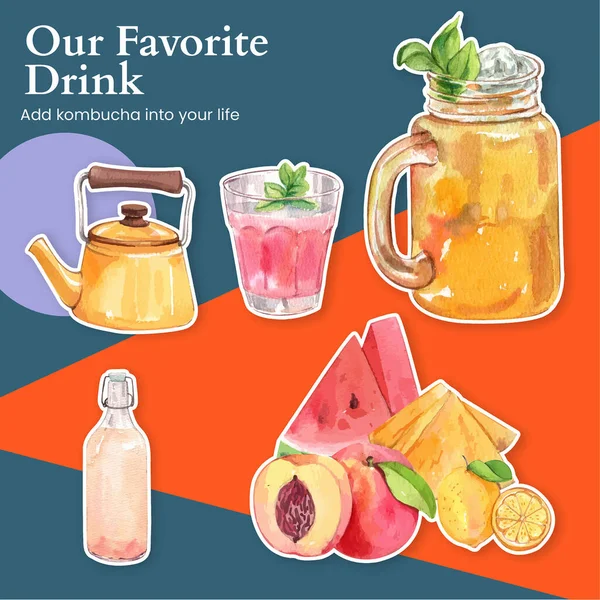 带有Kombucha饮料概念的贴纸模板 水彩画样式 — 图库矢量图片