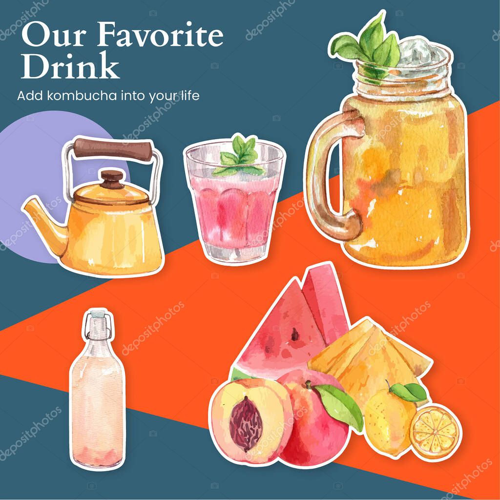 Sticker template with Kombucha drink concept,watercolor styl