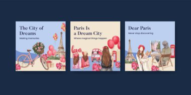 Eifel 'in Paris' teki aşk konsepti, suluboya şablonu.