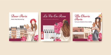 Eifel 'in Paris' teki aşk konsepti, suluboya şablonu.