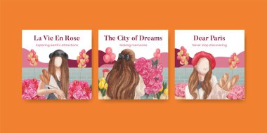 Eifel 'in Paris' teki aşk konsepti, suluboya şablonu.