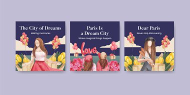 Eifel 'in Paris' teki aşk konsepti, suluboya şablonu.