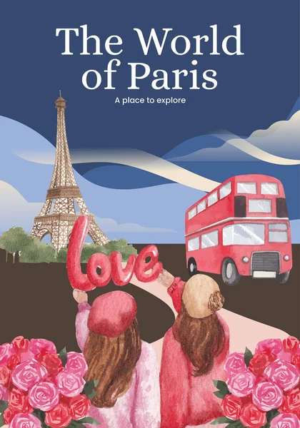 Paris Eifel Ile Birlikte Poster Şablonu Suluboya Styl — Stok Vektör
