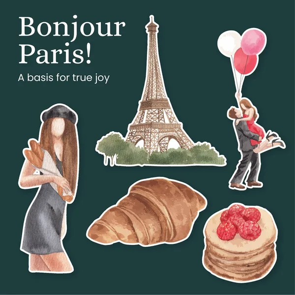 Sticker Template Eifel Paris Lover Concept Watercolor Styl — стоковий вектор
