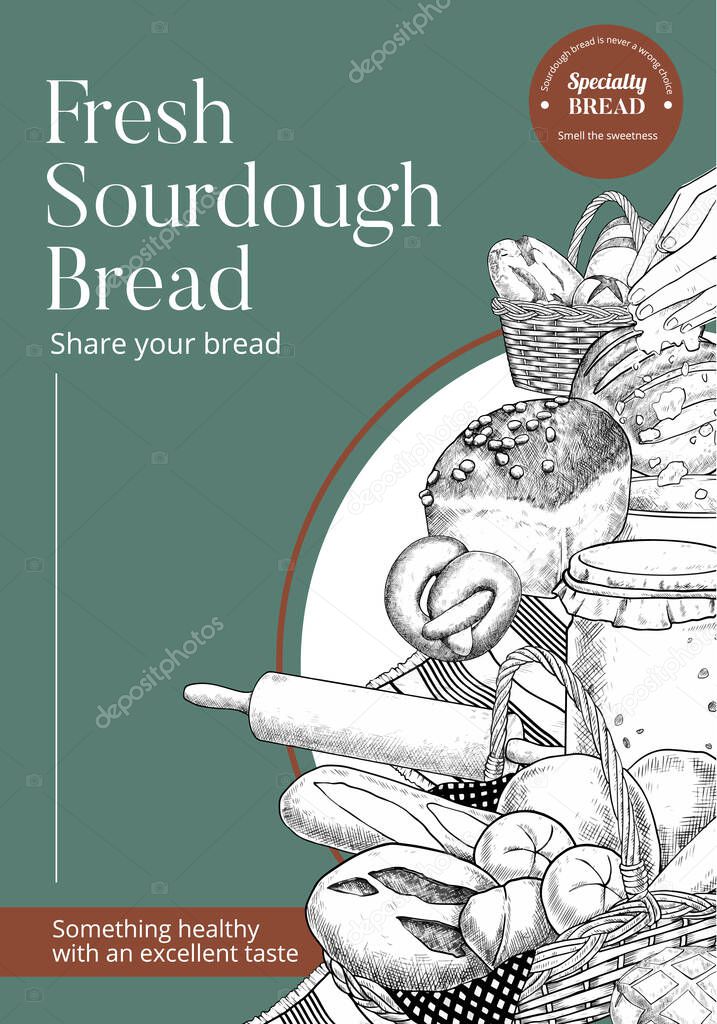 Poster template with sourdough concept,sketch drawing styl