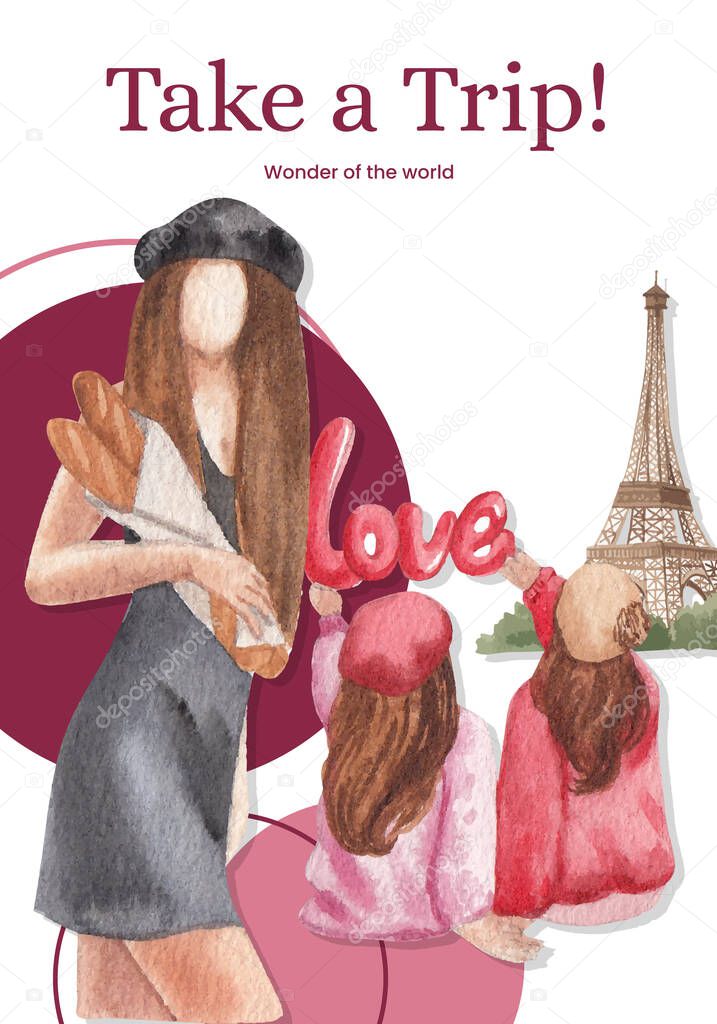 Poster template with Eifel in Paris lover concept,watercolor styl