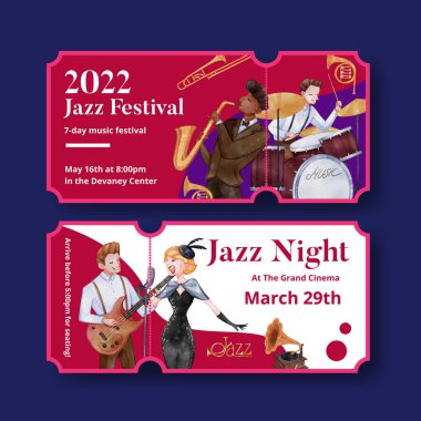 Caz müzik konseptiyle bilet şablonu, suluboya stil