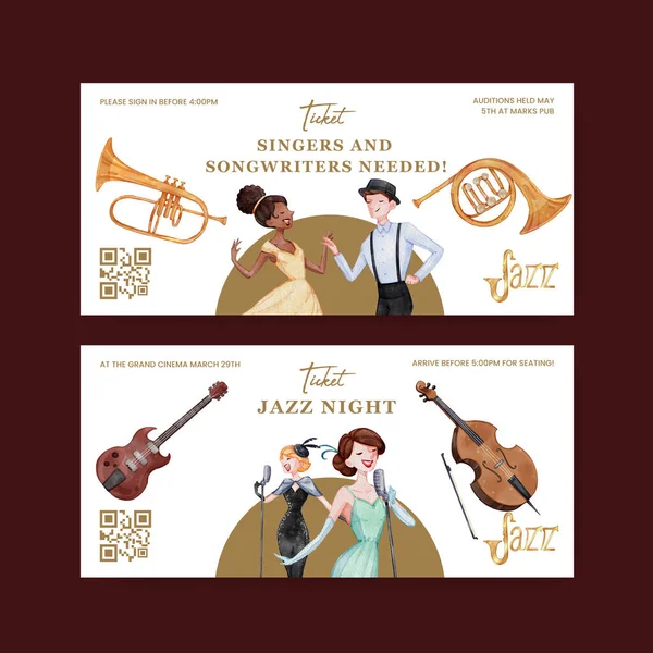 Plantilla Entradas Con Concepto Música Jazz Estilo Acuarela — Archivo Imágenes Vectoriales