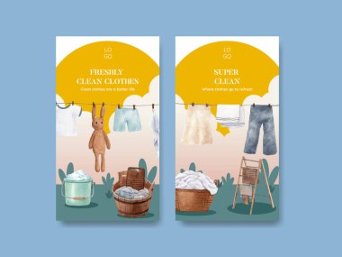 Çamaşır günü konsepti olan Instagram şablonu, suluboya stil