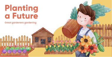 Billboard template with gardening home concept,watercolor styl clipart