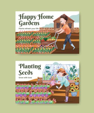 Facebook template with gardening home concept,watercolor styl clipart