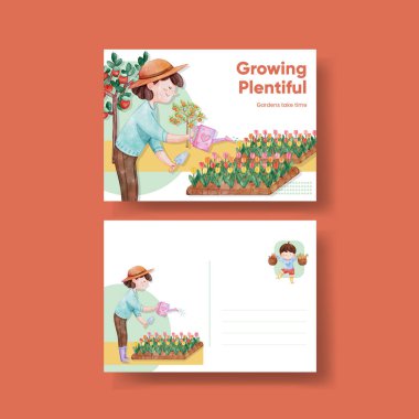 Bahçe işleri ev konsepti, suluboya stil içeren bir kartpostal şablonu