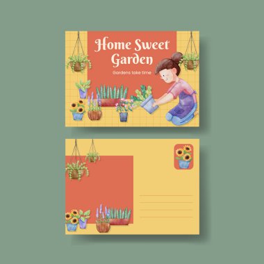 Bahçe işleri ev konsepti, suluboya stil içeren bir kartpostal şablonu