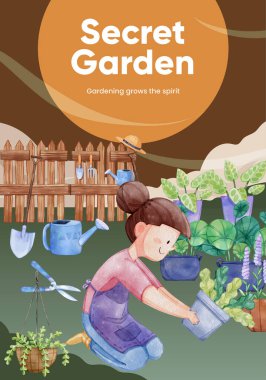 Bahçe işleri ev konsepti, suluboya şablonu