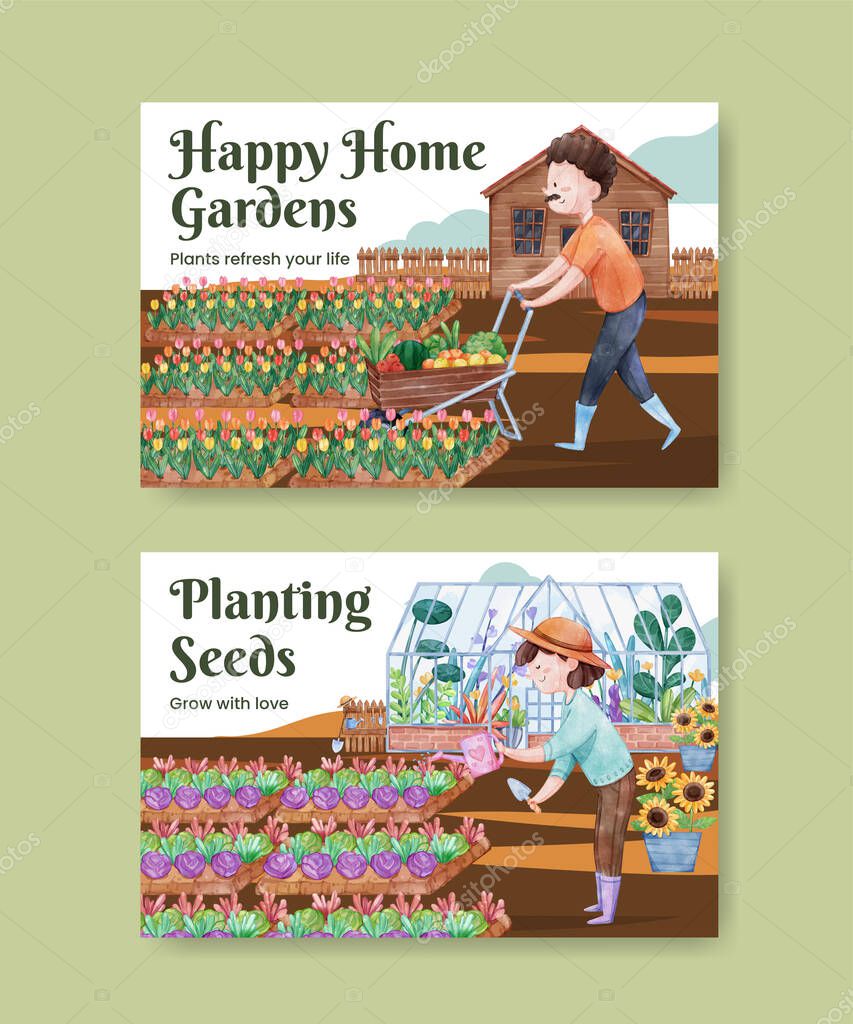 Facebook template with gardening home concept,watercolor styl