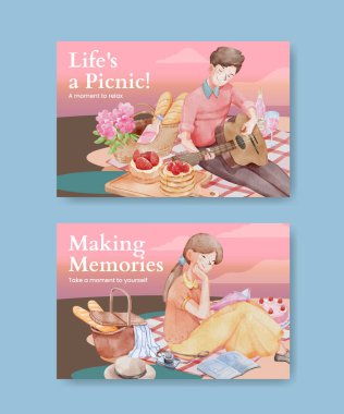 Piknik günü konsepti ile Facebook şablonu, suluboya styl