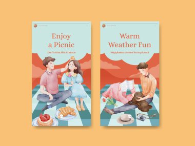 Piknik günü konsepti olan Instagram şablonu, suluboya stil