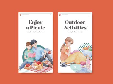 Piknik günü konsepti olan Instagram şablonu, suluboya stil