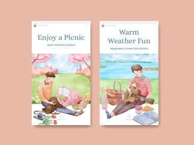 Piknik günü konsepti olan Instagram şablonu, suluboya stil