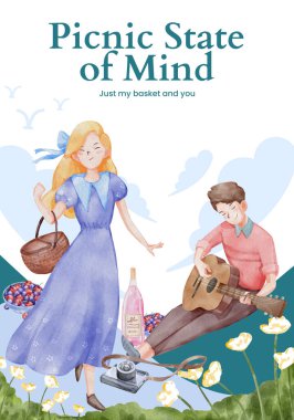 Piknik günü konsepti olan poster şablonu, suluboya stil