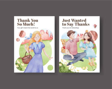 Piknik günü konsepti olan teşekkür kartı şablonu, suluboya stil