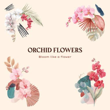 Orkide çiçekli buket şablonu, boho konsepti, suluboya stil.