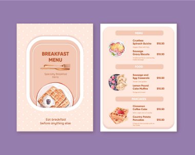 Özel kahvaltı konsepti olan menü şablonu, suluboya stil