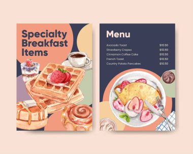 Özel kahvaltı konsepti olan menü şablonu, suluboya stil