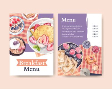 Özel kahvaltı konsepti olan menü şablonu, suluboya stil