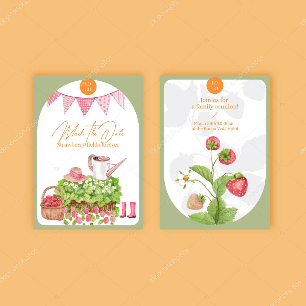 Invitation card template with strawberry harvest concept,watercolor styl