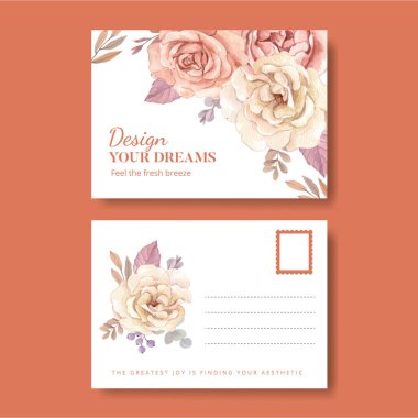 Üzerinde çiçek tüyü konsepti olan bir kartpostal şablonu, suluboya stil.