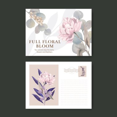 Üzerinde çiçek tüyü konsepti olan bir kartpostal şablonu, suluboya stil.