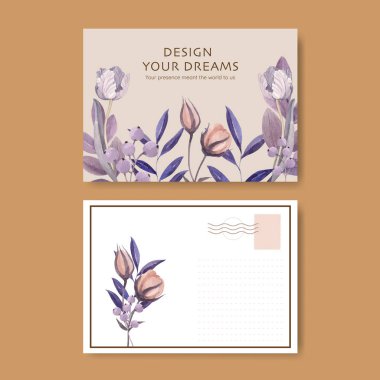 Üzerinde çiçek tüyü konsepti olan bir kartpostal şablonu, suluboya stil.
