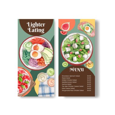 Sağlıklı salata konsepti ve suluboya stil içeren menü şablonu